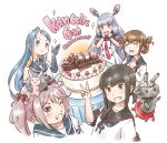  2others 5girls ;) ;3 animal animal_on_head bangs black_hair blue_eyes blue_gloves blue_hair brown_hair bunny cake dress drooling elbow_gloves enemy_lifebuoy_(kantai_collection) english_text eyebrows_visible_through_hair folded_ponytail food fubuki_(kantai_collection) gloves green_eyes hair_bobbles hair_ornament hair_ribbon headgear inazuma_(kantai_collection) kantai_collection karasu_(naoshow357) long_hair long_sleeves looking_at_viewer low_ponytail multiple_girls multiple_others murakumo_(kantai_collection) necktie on_head one_eye_closed orange_eyes pink_eyes pink_hair red_neckwear remodel_(kantai_collection) rensouhou-chan ribbon sailor_dress samidare_(kantai_collection) sazanami_(kantai_collection) school_uniform serafuku sheep shirt short_eyebrows short_hair short_ponytail short_sleeves sidelocks silver_hair simple_background sleeveless sleeveless_shirt smile swept_bangs tress_ribbon twintails upper_body white_background white_gloves 