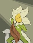 ambiguous_gender covering covering_self flora_fauna florens_(character) flower flower_humanoid fridge_(artist) fungus green_skin humanoid leaf looking_at_viewer mushroom plant plant_humanoid simple_background sitting smile solo spread_legs spreading 