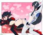  2girls bangs black_hair black_legwear blue_eyes blush boots breasts cabronpr dildo embarrassed eyebrows high_heel_boots high_heels highres kill_la_kill kiryuuin_satsuki legwear long_hair looking_at_another matoi_ryuuko medium_breasts multicolored multicolored_hair multiple_girls open_mouth pussy red_hair short_hair spread_legs streaked_hair thick_eyebrows thigh_boots thighhighs two-tone_hair uncensored v-shaped_eyebrows very_long_hair white_legwear yuri 