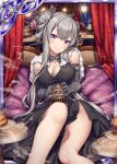  1girl akkijin black_gloves breasts card_(medium) chinese_clothes flower gloves grey_hair hair_flower hair_ornament incense incense_burner large_breasts long_hair looking_at_viewer official_art purple_eyes shinkai_no_valkyrie sitting 