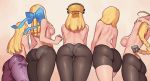  5girls ahoge arms_at_sides arms_behind_head ass ass_focus back bare_arms bare_back bare_shoulders bike_shorts blazblue blonde_hair blue_bow bow braid breasts brown_legwear crossover drill_hair erika_wagner es_(xblaze) facing_away floral_print guilty_gear guilty_gear_xrd gusset hair_bow hair_over_shoulder hair_ribbon hat highres huge_ahoge kanzuki_karin large_breasts lili_(tekken) long_hair medium_breasts millia_rage multiple_crossover multiple_girls odd_one_out orange_headwear panties panties_under_pantyhose pantyhose print_legwear purple_legwear ribbon ringlets shorts shoulder_blades sideboob simple_background single_braid skindentation standing street_fighter street_fighter_v suwaiya tekken tekken_7 thighs topless under_night_in-birth underwear xblaze 