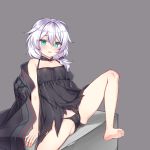  1girl absurdres bangs bare_arms bare_legs bare_shoulders barefoot black_dress black_jacket black_panties blue_eyes blush breasts collarbone commentary_request dress eyebrows_visible_through_hair grey_background hair_between_eyes hair_ornament highres honkai_(series) honkai_impact_3 jacket jacket_removed knee_up kuro_(kuronell) long_hair looking_at_viewer panties parted_lips silver_hair simple_background sleeveless sleeveless_dress small_breasts soles solo sweat theresa_apocalypse torn_clothes torn_dress underwear 