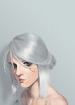  1girl absurdres acooc bare_shoulders ciri close-up eyeshadow face green_eyes grey_background hair_bun highres lips looking_at_viewer makeup mascara nose portrait realistic scar scar_across_eye signature silver_hair solo the_witcher the_witcher_3 updo 