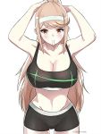  1girl adjusting_hair alternate_costume arms_behind_head arms_up artist_request bangs bikini black_clothes black_shorts blush breasts brown_eyes brown_hair cleavage cord gym_clothes hairband headpiece hikari_(xenoblade_2) large_breasts long_hair looking_at_viewer neon_trim nintendo ponytail shorts shy simple_background solo swept_bangs swimsuit the_kingdude twitter_username very_long_hair white_background xenoblade xenoblade_(series) xenoblade_2 