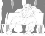 absurd_res anthro balls_outline big_pecs body_hair bulge chest_hair clothing greyscale hi_res humanoid_penis male mammal monkey monochrome mr_canvas muscular muscular_male pecs penis penis_outline primate sitting smile solo_focus tight_clothing 