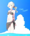  1girl arms_behind_back bangs bikini black_bikini black_scrunchie blonde_hair blue_eyes blue_sky breasts character_name cloud day diana_cavendish error green_hair groin highres konbari_tariumu little_witch_academia long_hair looking_at_viewer multicolored_hair navel o-ring o-ring_bikini ocean outdoors parted_bangs sarong scrunchie sky small_breasts solo standing swimsuit two-tone_hair wading wrist_scrunchie 