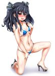  1girl bikini black_hair blue_bikini blush bow breasts full_body hair_bow high_heels kurozero long_hair looking_at_viewer naughty_face navel neptune_(series) one_knee red_eyes sidelocks small_breasts solo sweat swimsuit tongue tongue_out two_side_up uni_(neptune_series) 