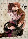  1boy 1girl animal_ears ass bat_(hokuto_no_ken) boots breasts brown_eyes brown_hair commentary_request denim frills hetero hokuto_no_ken jacket jeans jobo_(isi88) lynn pants short_hair shorts tail thighhighs 