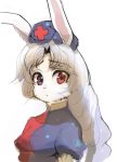  alternate_species anthro blue_hat breasts clothed clothing eirin_yagokoro fur furrification hair kemono lagomorph leporid long_hair looking_at_viewer mammal rabbit red_eyes simple_background solo touhou unknown_artist video_games whiskers white_background white_fur white_hair 