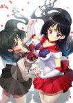  2girls :d absurdres back_bow bare_legs bishoujo_senshi_sailor_moon black_hair blurry blurry_background blush bow breast_press breasts brooch choker closed_mouth cowboy_shot dual_persona earrings elbow_gloves female floating_hair from_above gem gloves grey_sailor_collar grey_shirt grey_skirt hand_holding heart highres hino_rei inner_senshi jewelry large_breasts legs long_hair looking_at_viewer looking_to_the_side looking_up magical_girl multiple_girls necklace open_mouth petals pleated_skirt purple_bow purple_eyes red_bow red_neckwear red_sailor_collar red_skirt ruba_(akiraoe_84) ruby_(stone) sailor_collar sailor_mars sailor_senshi_uniform school_uniform serafuku shadow shirt skirt smile standing star star_necklace super_sailor_mars symmetrical_docking ta_girls_school_uniform tiara very_long_hair white_gloves 