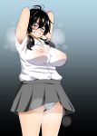  1girl areolae armpit_hair armpits arms_behind_head arms_up black_eyes black_hair blue_background blush breasts collared_shirt drain_(drain0214) glasses gradient gradient_background grey_background grey_skirt grin hair_between_eyes jimiko large_breasts looking_at_viewer low_twintails nipples original panties pantyshot pleated_skirt plump school_uniform see-through shirt skirt smile solo sweat twintails underwear wet wet_clothes wet_shirt white_shirt 
