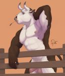  2018 5_fingers abs anthro balls biceps biped bovid bovine brown_fur brown_tail cattle chewing_grass digital_media_(artwork) facial_piercing fence foreskin front_view fur grey_horn hand_behind_head hereford_cattle hi_res horn humanoid_hands humanoid_penis male mammal multicolored_fur multicolored_horn muscular muscular_male nipples nose_piercing nose_ring nude object_in_mouth orange_background pecs penis piercing pink_balls pink_nipples pink_penis rov royce_mcphearson septum_piercing serratus signature simple_background solo standing two_tone_fur two_tone_horn uncut wheat white_fur white_horn 