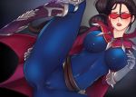  1girl anus belt black_hair blush bodysuit boots cameltoe cape covered_navel gauntlets hinakitty league_of_legends lips long_hair looking_at_viewer nose ponytail shauna_vayne skin_tight solo spread_legs sunglasses 
