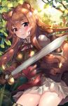  1girl animal_ear_fluff animal_ears artist_name bangs blurry blurry_background blush brown_gloves brown_hair brown_shirt commentary_request day depth_of_field eyebrows_visible_through_hair forest gloves hair_between_eyes hair_tubes hand_up highres holding holding_sword holding_weapon long_hair long_sleeves looking_at_viewer nature neck_ribbon outdoors parted_lips pleated_skirt puffy_short_sleeves puffy_sleeves raccoon_ears raccoon_girl raccoon_tail raphtalia red_eyes red_ribbon ribbed_shirt ribbon shirt short_over_long_sleeves short_sleeves skirt solo squchan sunlight sword tail tate_no_yuusha_no_nariagari tree_branch very_long_hair watermark weapon web_address white_skirt 