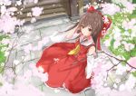  bow brown_hair cherry_blossoms flowers hakurei_reimu japanese_clothes long_hair miko na_kyo petals touhou yellow_eyes 