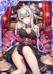  1girl akkijin breasts card_(medium) chinese_clothes flower gloves grey_hair hair_flower hair_ornament incense incense_burner large_breasts long_hair looking_at_viewer official_art red_eyes red_gloves shinkai_no_valkyrie sitting 