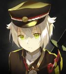  1boy black_headwear close-up closed_mouth expressionless eyebrows_visible_through_hair green_eyes hat highres hotarumaru kieed long_sleeves looking_at_viewer male_focus otoko_no_ko sheath sheathed short_hair solo sword touken_ranbu upper_body weapon white_hair 