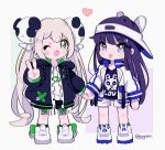  2girls ;d animal_ears animal_hat bangs black_jacket black_legwear black_shirt black_shorts blue_eyes blue_legwear blush blush_stickers bunny_ears bunny_hat captain_yue chibi closed_mouth clothes_writing eyebrows_visible_through_hair fake_animal_ears fang green_eyes hair_between_eyes hair_ornament hand_holding hat heart jacket light_brown_hair long_hair long_sleeves multiple_girls one_eye_closed open_clothes open_jacket open_mouth original panda_hair_ornament print_shirt puffy_long_sleeves puffy_sleeves purple_hair shirt shoes short_shorts shorts sidelocks sleeves_past_wrists smile socks tongue tongue_out twintails twitter_username v-shaped_eyebrows very_long_hair visor_cap white_footwear white_headwear white_jacket white_shirt 