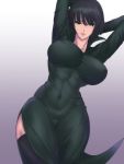  1girl arms_behind_head arms_up black_dress black_hair black_legwear breasts closed_mouth covered_navel covered_nipples dress eyebrows_visible_through_hair eyes_visible_through_hair fubuki_(one-punch_man) gradient gradient_background green_eyes hair_between_eyes highres large_breasts legs_together lips long_sleeves looking_at_viewer one-punch_man purple_background shiva_(johan-s) skin_tight solo thick_thighs thighhighs thighs toned white_background 