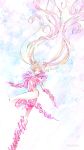  1girl bangs bishoujo_senshi_sailor_moon blonde_hair breasts double_bun eyes_closed floating_hair henshin highres long_hair medium_breasts naked_ribbon no_mouth parted_bangs pink_ribbon punano ribbon signature solo star starry_background tsukino_usagi twintails 