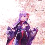  1girl :d bangs bb_(fate)_(all) bb_(fate/extra_ccc) blurry blush bow cherry_blossoms commentary_request cowboy_shot day depth_of_field eyebrows_visible_through_hair fate/grand_order fate_(series) floral_print hakama japanese_clothes kimono long_hair long_sleeves looking_at_viewer open_mouth outdoors pink_bow print_kimono purple_eyes purple_hair purple_hakama purple_kimono round_teeth shutsuri sleeves_past_wrists smile solo spring_(season) teeth tree twitter_username upper_teeth very_long_hair wide_sleeves 