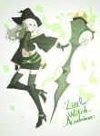  1girl bangs black_footwear black_gloves black_headwear black_skirt boots copyright_name curly_hair diana_cavendish earrings eyebrows_visible_through_hair floating_hair full_body garter_straps gloves green_eyes green_legwear hat highres jewelry knee_boots konbari_tariumu leg_up little_witch_academia long_hair midriff miniskirt navel outstretched_arm parted_bangs pencil_skirt silver_hair skirt solo standing standing_on_one_leg stomach suspender_skirt suspenders thighhighs witch_hat zettai_ryouiki 