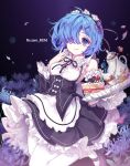  1girl blue_eyes blue_hair blush breasts cake character_name cleavage copyright_name eyebrows_visible_through_hair food hair_ornament hair_over_one_eye harin_0 holding holding_tray looking_at_viewer maid mary_janes medium_breasts pantyhose parted_lips re:zero_kara_hajimeru_isekai_seikatsu rem_(re:zero) shoes solo tongue tongue_out tray white_legwear x_hair_ornament 