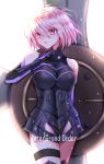  1girl armored_leotard black_leotard breasts breasts_apart copyright_name cowboy_shot elbow_gloves eyebrows_visible_through_hair fate/grand_order fate_(series) faulds gloves hair_between_eyes large_breasts leotard lixiao_lang mash_kyrielight open_mouth pink_hair purple_eyes shiny shiny_hair short_hair simple_background solo thigh_strap white_background 
