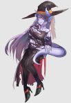  3_eyes breasts cinko cleavage clothed clothing female footwear hair hand_on_breast hand_on_tail hat headgear headwear horn humanoid legwear multi_eye shoes smile solo thigh_highs torn_clothing witch_hat 