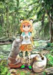  1girl alternate_costume amazon_(company) animal_ears animal_print arm_at_side brown_eyes chibi closed_mouth collarbone dappled_sunlight day eyebrows_visible_through_hair forest fuji_takanasu full_body gloves hand_on_another&#039;s_head highres jaguar_(kemono_friends) jaguar_ears jaguar_print jaguar_tail japari_symbol kemono_friends looking_at_viewer medium_hair nature orange_hair outdoors print_gloves print_legwear print_skirt river savanna_striped_giant_slug_(kemono_friends) shirt short_sleeves skirt slug smile sunlight t-shirt tail thighhighs towel towel_around_neck tree water zettai_ryouiki 