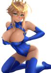  ahoge artoria_pendragon_(all) artoria_pendragon_(lancer) bangs blue_gloves blue_legwear blue_leotard braid breast_squeeze breasts cleavage cleavage_cutout closed_mouth crown fate/grand_order fate_(series) french_braid gloves green_eyes hair_between_eyes highres kneeling large_breasts leotard sidelocks smile swept_bangs thighs yamaneko_(tkdrumsco) 