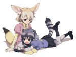  2girls animal_ear_fluff animal_ears black_hair blonde_hair bow bowtie commentary common_raccoon_(kemono_friends) elbow_gloves extra_ears eyebrows_visible_through_hair fang fennec_(kemono_friends) fox_ears fox_tail fur_collar fur_trim gloves grey_hair kemono_friends loafers lying lying_on_lap multicolored_hair multiple_girls on_stomach open_mouth pantyhose pleated_skirt puffy_short_sleeves puffy_sleeves raccoon_ears raccoon_tail seiza shoes short_hair short_sleeves sitting skirt sumida00rio sweater symbol_commentary tail thighhighs white_hair 