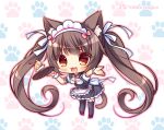  1girl :d animal_band_legwear animal_ear_fluff animal_ears bell black_dress black_legwear blush bow breasts brown_eyes brown_hair cake cat_band_legwear cat_ears cat_girl cat_tail chibi chocola_(sayori) collared_dress commentary_request dress food frilled_dress frills fruit full_body heart holding holding_tray jingle_bell long_hair maid_headdress medium_breasts nekopara open_mouth outstretched_arm paw_background pink_bow puffy_short_sleeves puffy_sleeves red_footwear ryuuka_sane shirt shoes short_sleeves sleeveless sleeveless_dress slice_of_cake smile solo standing strawberry tail thighhighs tray twintails uniform very_long_hair waitress white_background white_shirt wrist_cuffs 