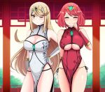  2girls absurdres alternate_costume bangs blonde_hair blush breasts bush cleavage day dress elbow_gloves eyes_closed gem gloves hair_ornament headpiece highres hikari_(xenoblade_2) homura_(xenoblade_2) jewelry large_breasts long_hair multiple_girls nintendo one_eye_closed red_hair smile swept_bangs the_only_shoe tiara underboob very_long_hair xeno_(series) xenoblade xenoblade_(series) xenoblade_2 yellow_eyes 