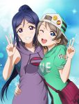  2girls ;d backwards_hat bag baseball_cap blue_background blue_eyes blue_hair brown_hair floating_hair green_sweater grin hand_on_another&#039;s_hip hat high_ponytail highres hood hood_down hooded_sweater long_hair looking_at_viewer love_live! love_live!_sunshine!! matsuura_kanan mell_ast multiple_girls official_style one_eye_closed open_mouth print_sweater purple_eyes purple_sweater short_hair smile sweater upper_body v very_long_hair w watanabe_you 