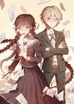  1boy 1girl belt black_shirt black_skirt blonde_hair braid brown_hair crossed_arms danganronpa danganronpa_1 envelope formal fukawa_touko glasses green_eyes letter long_hair long_sleeves nae_(artist) pen red_neckwear round_eyewear school_uniform serafuku shirt simple_background skirt standing suit togami_byakuya twin_braids twintails very_long_hair 