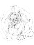  1girl ass breasts camel_(dansen) cleavage dissolving_clothes final_fantasy final_fantasy_iv hair_ornament inside_creature monochrome rydia torn_clothes vore wet 