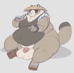  2019 absurd_res anthro balls belly big_balls brown_fur butt canid canine clothing fur hat headgear headwear hi_res humanoid_hands humanoid_penis justicecaptainv male mammal moobs nipples overweight overweight_male penis raccoon_dog sitting solo straw_hat tanuki 