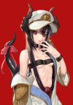  1girl bangosu bangs bare_shoulders beltbra black_gloves black_hair breasts buckle collarbone commentary_request curled_horns fingernails gloves hair_between_eyes hat highres horns jacket long_hair navel red_background red_eyes red_ribbon ribbon simple_background small_breasts solo tongue tongue_out vgaming virtual_youtuber white_headwear white_jacket yoruno_yui 
