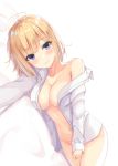  1girl bare_shoulders blonde_hair blue_eyes blush breasts cleavage closed_mouth collarbone collared_shirt cowboy_shot hatsu_(first_snow) large_breasts long_sleeves looking_at_viewer lying naked_shirt navel off_shoulder on_side open_clothes open_shirt original shirt short_hair smile solo white_background white_shirt 