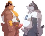  2019 anthro balls belly blush brown_fur butt clothing cute_fangs duo erection fur hi_res humanoid_hands humanoid_penis jumperbear male male/male mammal overweight overweight_male penis shirt simple_background text tokyo_afterschool_summoners topwear tsathoggua ursid video_games white_background 