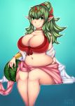  1girl alternate_breast_size artist_name belly bikini blush breasts chiki cleavage fire_emblem food fruit green_eyes green_hair highres huge_breasts iveo long_hair looking_at_viewer muffin_top navel nintendo plump pointy_ears ponytail red_bikini sitting smile solo swimsuit watermelon 