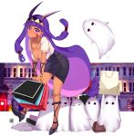  1girl absurdres animal_ears bag blush breasts cleavage contemporary dark_skin earrings facepaint facial_mark fate/grand_order fate_(series) high_heels highres holding jackal_ears jewelry large_breasts long_hair looking_at_viewer medjed necklace nitocris_(fate/grand_order) pencil_skirt polka_dot purple_eyes purple_hair shopping_bag sidelocks skirt smile solo yuruto 