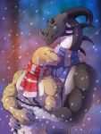  2019 anthro askar claws cuddling digital_media_(artwork) duo hi_res ismar lizard male male/male naga reptile romantic_couple scales scalie scarf smile snake tres-art winter 