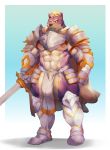  2019 abs absurd_res anthro armor biceps bozi canid canine clothing digital_media_(artwork) fur hair hi_res male mammal melee_weapon muscular muscular_male nipples pecs red_eyes scar simple_background sword weapon 