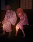  1boy 1girl barefoot blue_eyes brown_hair collarbone fireworks full_body gintama japanese_clothes kagura_(gintama) kimono long_hair looking_down night okita_sougo orange_hair outdoors pants pink_pants pink_shirt red_eyes shirt short_sleeves sitting szzz_k white_kimono 