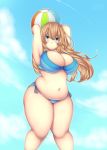  1girl armpits arms_up artist_name ball beachball belly bikini blonde_hair blue_bikini blue_eyes blush breasts cleavage cloud day highres huge_breasts iveo long_hair looking_at_viewer navel original plump sky smile solo swimsuit thick_thighs thighs very_long_hair 