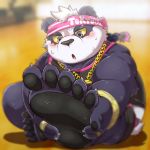  1:1 2019 5_toes alp_(tas) anthro belly blush claws clothing feet foot_focus fur giant_panda humanoid_hands male mammal nikunabe1989 purple_fur shirt shorts sitting slightly_chubby solo sweat toe_claws toes tokyo_afterschool_summoners topwear ursid video_games 