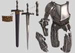  armor gauntlets metal_nick no_humans original pauldrons plate_armor scabbard sheath sword weapon 