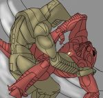  2019 anal anal_penetration armor bionicle biped brown_body digital_drawing_(artwork) digital_media_(artwork) erection eyes_closed hi_res humanoid humanoid_penis lawkbutt lego lying machine male male/male mask not_furry on_back onewa penetration penis red_body robot sex simple_background toa vakama 